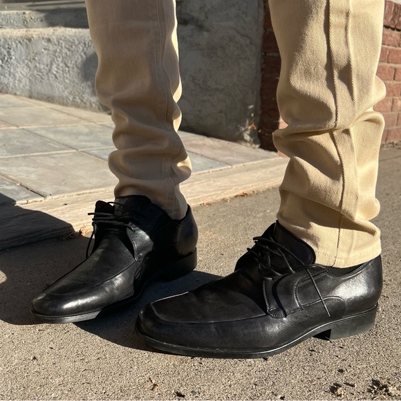 Bruno Magli Black Leather Square Toe Lace Up Dress Shoes